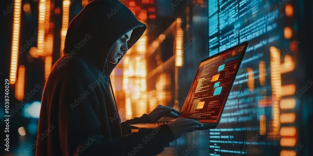 Hacker Cyber criminal with laptop computer stealing user confidential data, personal information and credit card detail. Hacking concept. Hacker attack and web security. Hacker Cyber criminal with laptop computer stealing user confidential data, personal information and credit card detail. Hacking concept. Hacker attack and web security.