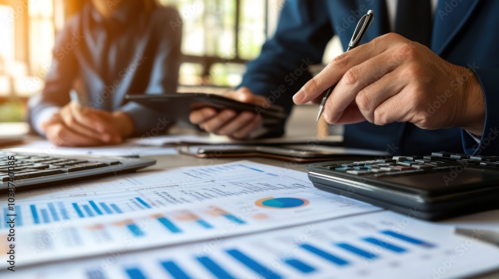 Business professionals analyzing financial reports with calculators and documents. Business professionals analyzing financial reports with calculators and documents.