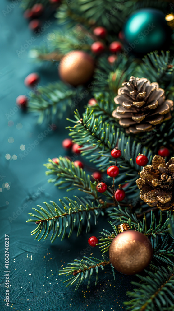 Fototapeta premium Festive Christmas Background with Pine Cones, Ornaments, and Sprigs of Evergreen for Seasonal Designs