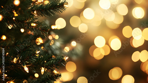festive christmas lights on green tree with golden bokeh background