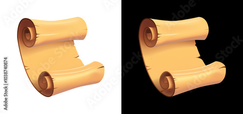Antique parchment 3D scrolls with curled edges and visible signs of aging. Yellowish scrolls in a 3D cartoon realistic style, perfect as icons for games, UI, UX, KIT, and GUI. Vector illustration.