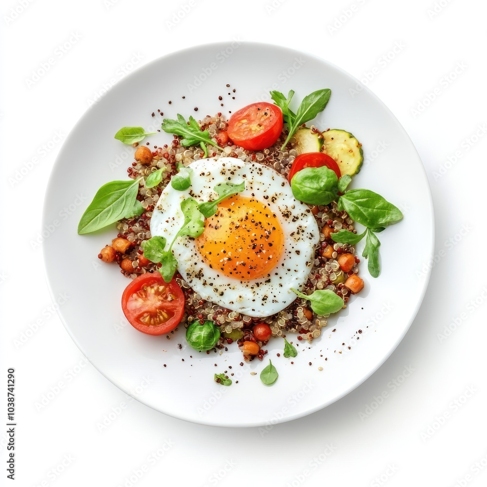 A nutritious breakfast plate featuring a fried egg, quinoa, vegetables, and herbs. A nutritious breakfast plate featuring a fried egg, quinoa, vegetables, and herbs.