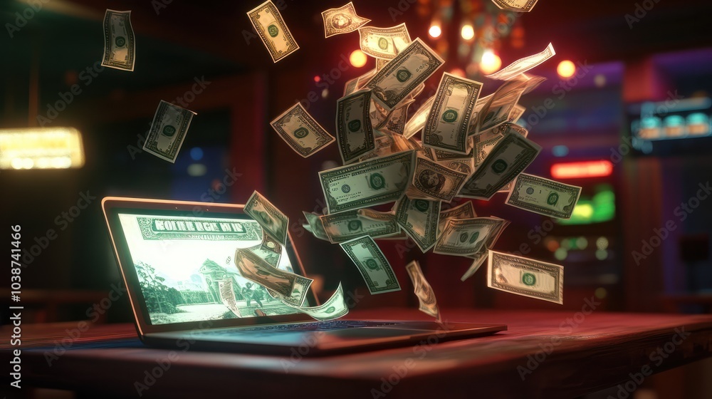 A laptop is on a table with a pile of money and a pile of money flying out of it A laptop is on a table with a pile of money and a pile of money flying out of it
