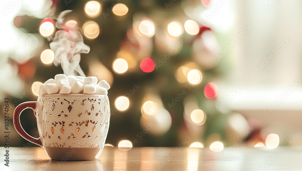 Cozy mug of hot cocoa topped with marshmallows, blured christmas background Cozy mug of hot cocoa topped with marshmallows, blured christmas background