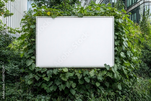 Blank billboard surrounded by lush green plants in an urban setting.