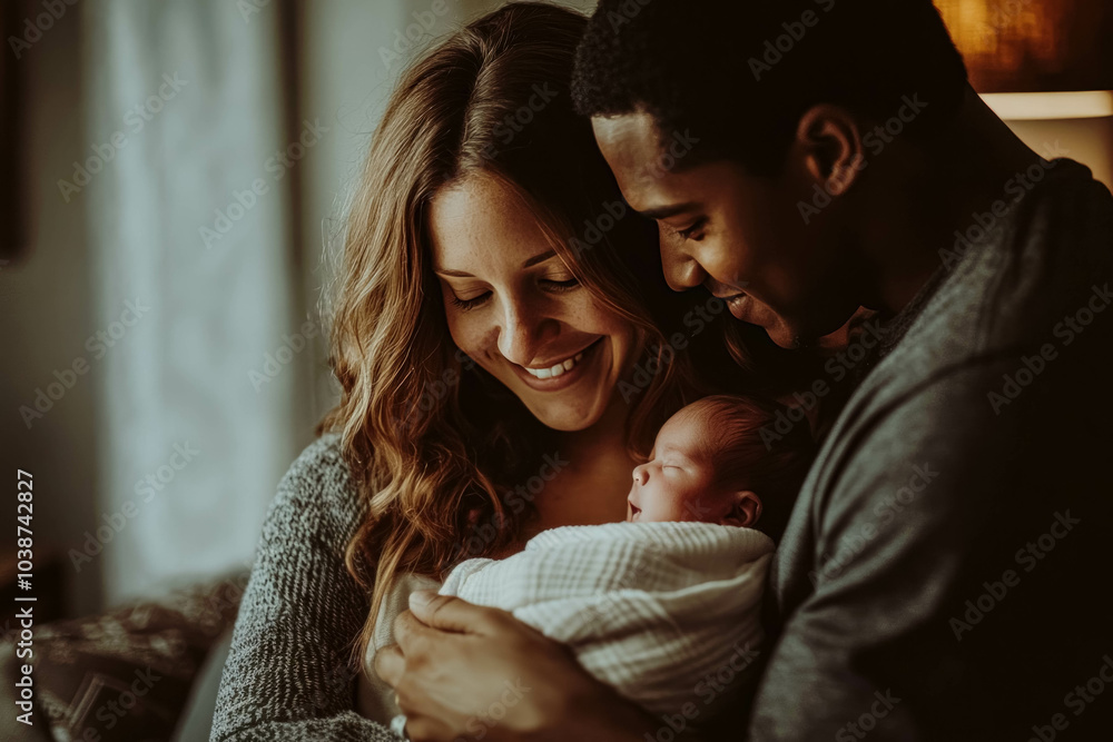 Caucasian Woman And Black Man Holding Their Newborn Baby With Love. New Parents Cradling Their Newborn Baby Caucasian Woman And Black Man Holding Their Newborn Baby With Love. New Parents Cradling Their Newborn Baby