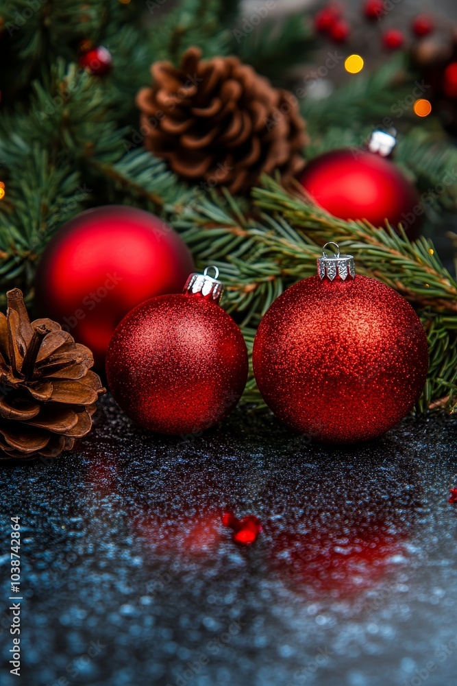 Red christmas baubles surrounded by pine branches and pine cones on dark background Red christmas baubles surrounded by pine branches and pine cones on dark background