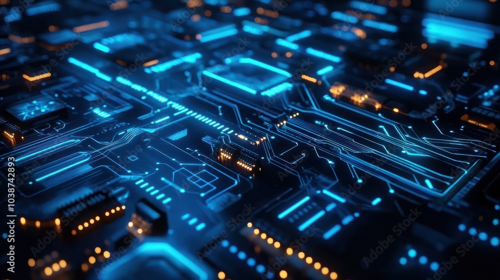 Abstract blue circuit board background with glowing lights, representing technology, innovation, connection, data, and digital world. Abstract blue circuit board background with glowing lights, representing technology, innovation, connection, data, and digital world.