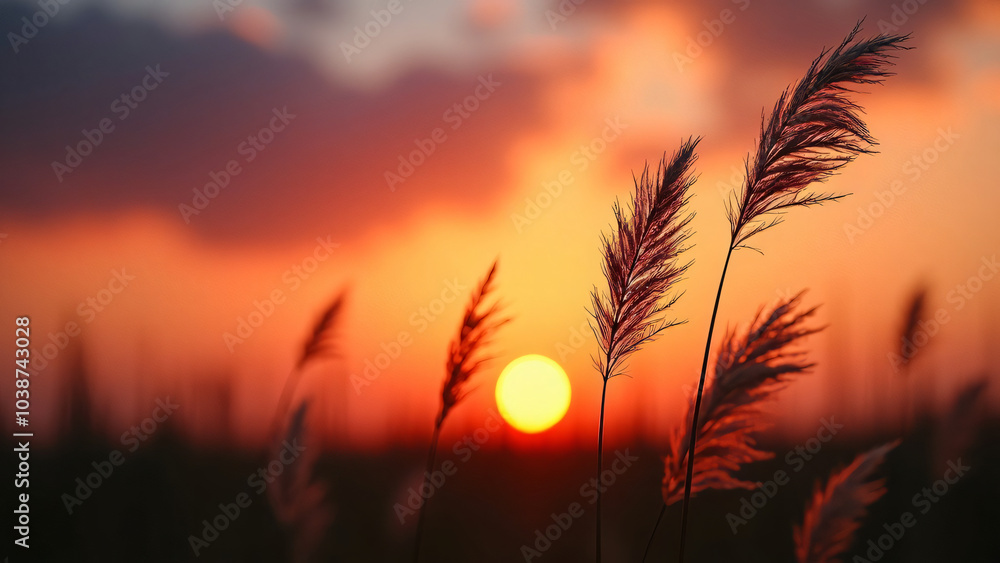 Golden sun setting behind delicate reeds swaying gently in the breeze, creating a breathtaking silhouette against the vibrant orange and purple hues of the evening sky Golden sun setting behind delicate reeds swaying gently in the breeze, creating a breathtaking silhouette against the vibrant orange and purple hues of the evening sky
