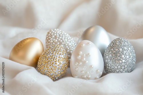 delicately decorated Easter eggs arranged on a soft linen cloth. The eggs feature intricate embellishments such as pearls, metallic beads, and crystals photo