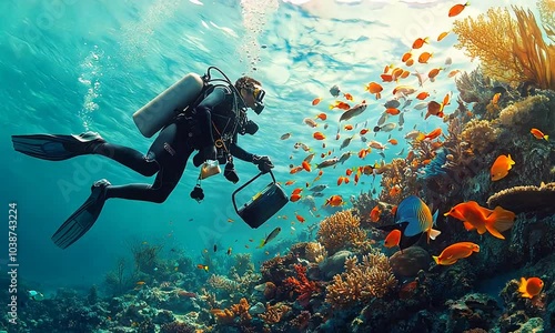 Wallpaper Mural A man is diving in the ocean with a lot of fish around him. The fish are colorful and the ocean is clear Torontodigital.ca