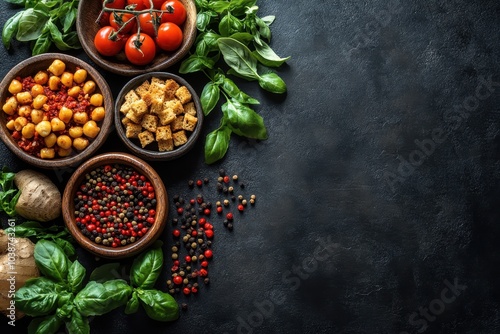 Fresh ingredients arranged beautifully on a dark surface ready for a delightful meal preparation