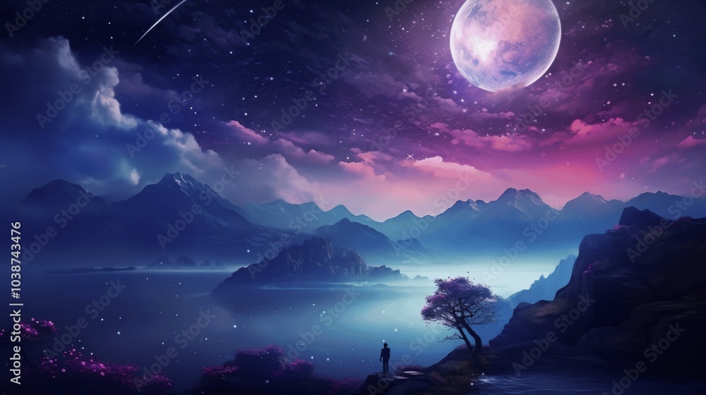 Fototapeta premium Enchanted Night Landscape with Moon and Mountains