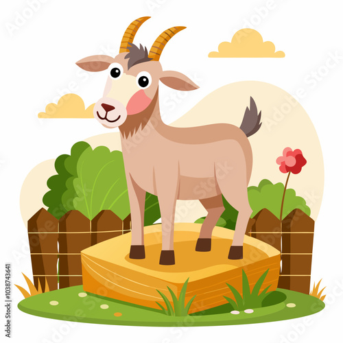Goat standing on a bale of hay vector illustration