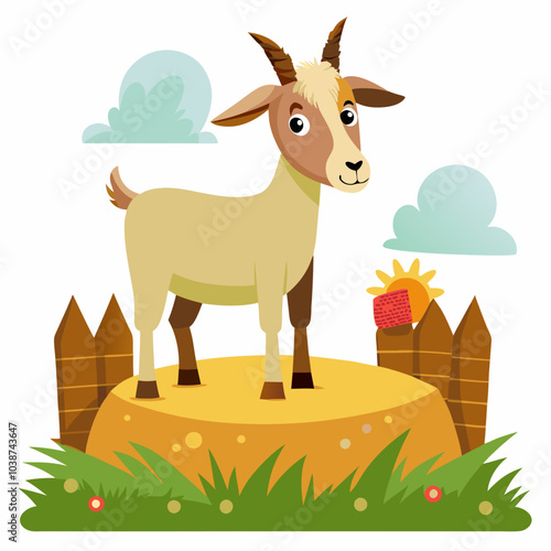 Goat standing on a bale of hay vector illustration