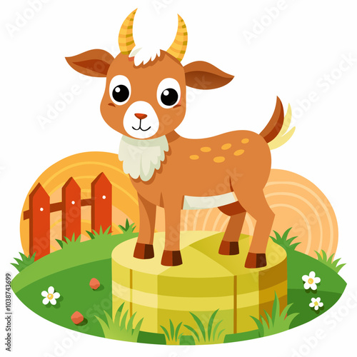 Goat standing on a bale of hay vector illustration