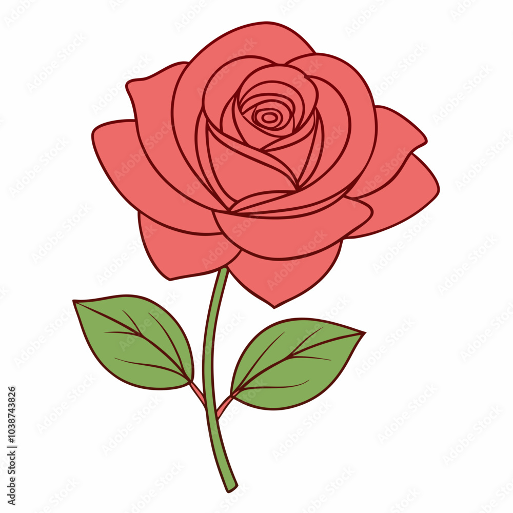 Vector illustration of a single rose with petals and leaves Vector illustration of a single rose with petals and leaves