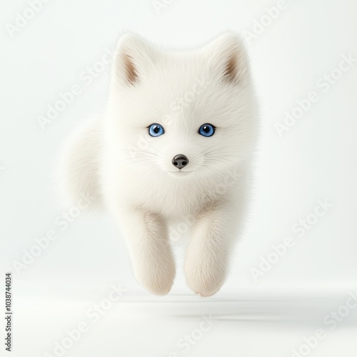 A fluffy white puppy with blue eyes is playfully leaping forward against a light background.