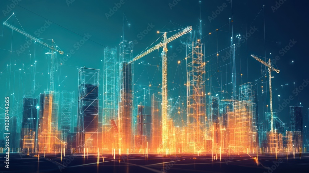 Fototapeta premium Futuristic construction scene with cranes and digital overlays representing urban development.