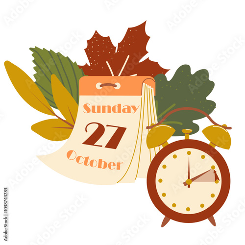 Fall Back in Europe 2024, change clock back one hour, Daylight Saving Time Ends web reminder banner in flat style. Clocks with arrow hand turning back an hour. Flat aesthetic web banner.