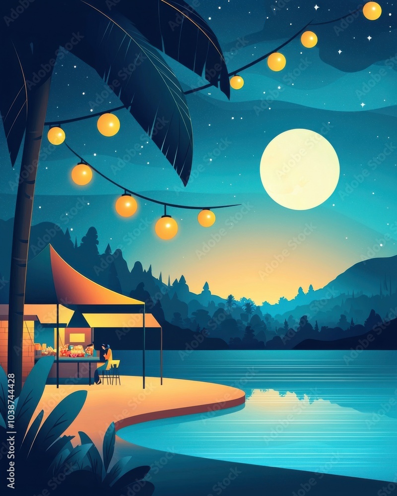 Naklejka premium Riverside Night Market Under the Stars