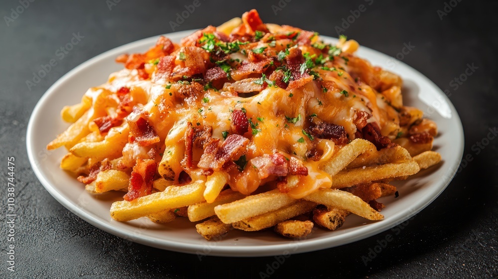 A plate of loaded fries topped with cheese, bacon, and herbs. A plate of loaded fries topped with cheese, bacon, and herbs.