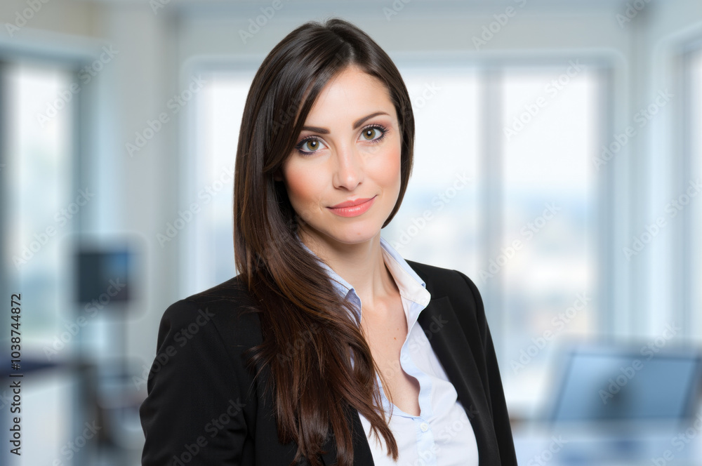 Confident businesswoman smiling in modern office building Confident businesswoman smiling in modern office building