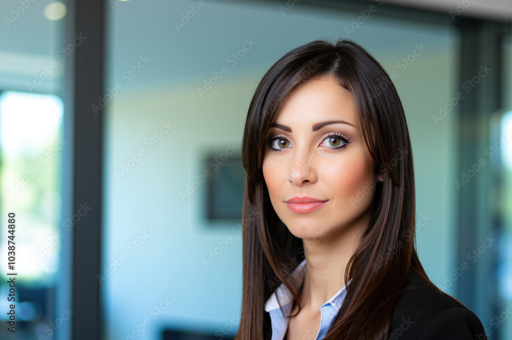 Confident businesswoman smiling in modern office building Confident businesswoman smiling in modern office building