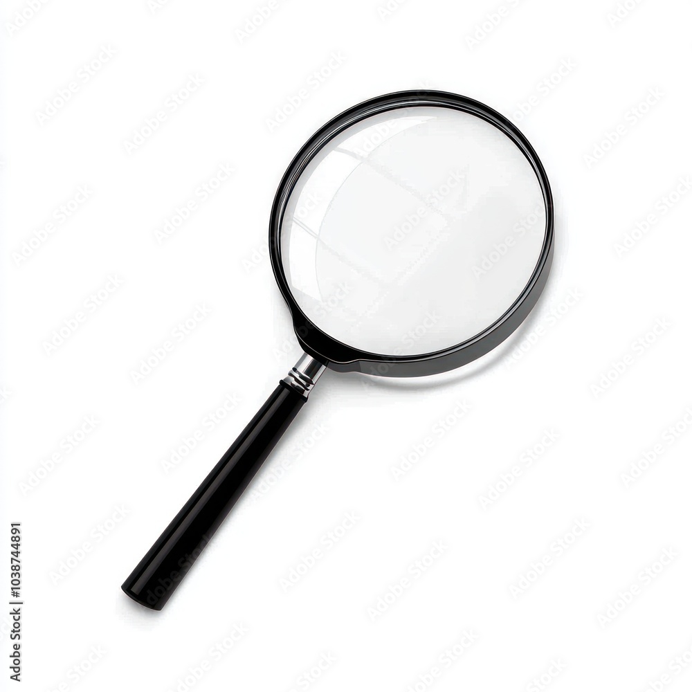 A black-handled magnifying glass with a clear lens, used for magnification and inspection. A black-handled magnifying glass with a clear lens, used for magnification and inspection.