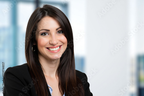 Happy businesswoman smiling in modern office