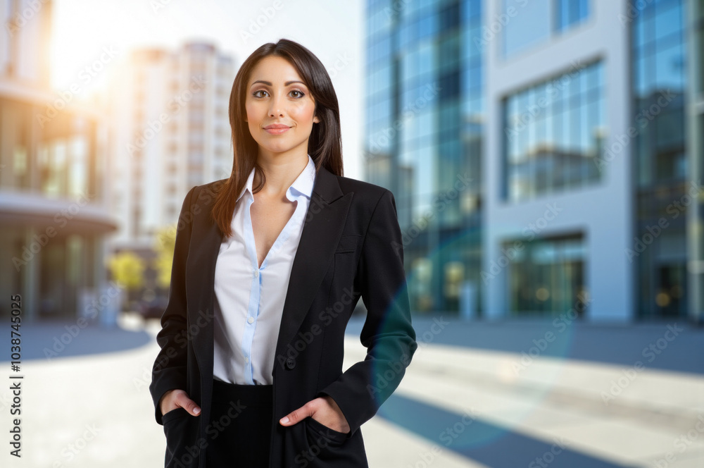 Confident businesswoman standing outside office building Confident businesswoman standing outside office building