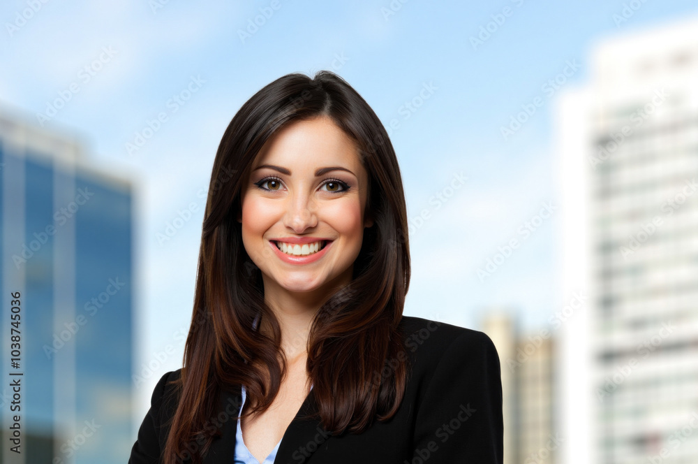 Businesswoman smiling with cityscape in background Businesswoman smiling with cityscape in background