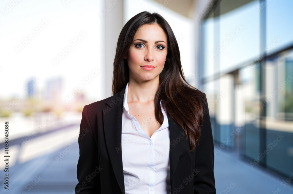Confident businesswoman standing in modern office building Confident businesswoman standing in modern office building