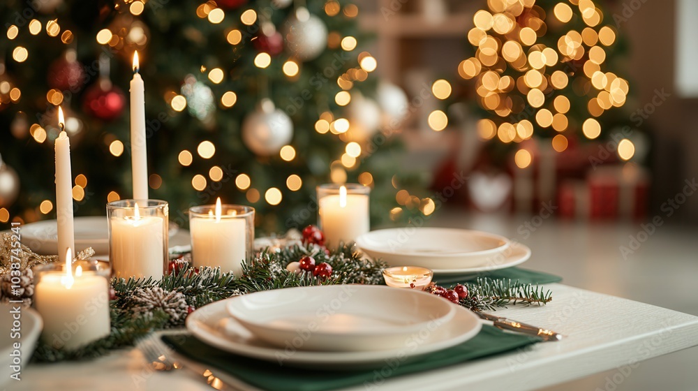 A beautifully set holiday table featuring candles, plates, and festive decorations, with a backdrop of decorated Christmas trees. A beautifully set holiday table featuring candles, plates, and festive decorations, with a backdrop of decorated Christmas trees.