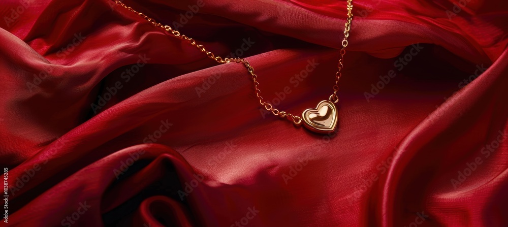 Elegant Valentine's Day Banner with Gold Heart Necklace on Red Silk for Romantic Design Elegant Valentine's Day Banner with Gold Heart Necklace on Red Silk for Romantic Design