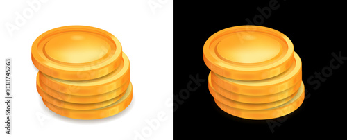  A stack of shiny gold coins with a reflective surface, rendered in 3D cartoon realistic style. Ideal for game icons, UI, UX, KIT, and GUI. The coins 3d cartoon realistic. Vector illustration.
