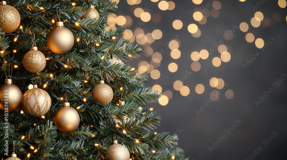 Fototapeta premium A beautifully decorated Christmas tree adorned with golden ornaments and glowing lights against a soft, blurred background.