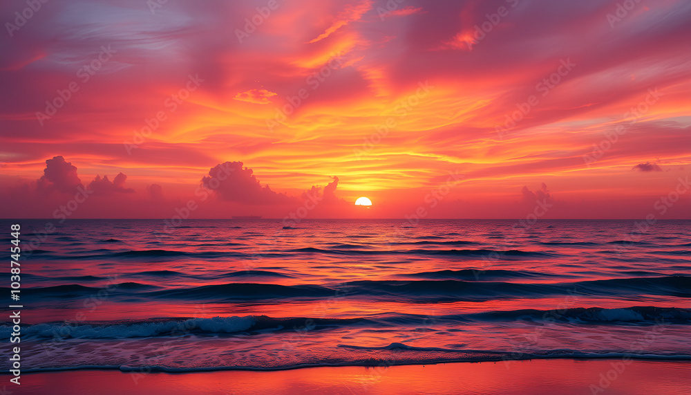 Obraz premium A captivating photo of a vibrant ocean sunset with stunning colors reflecting off the tranquil sea, perfect for conveying serenity and beauty.