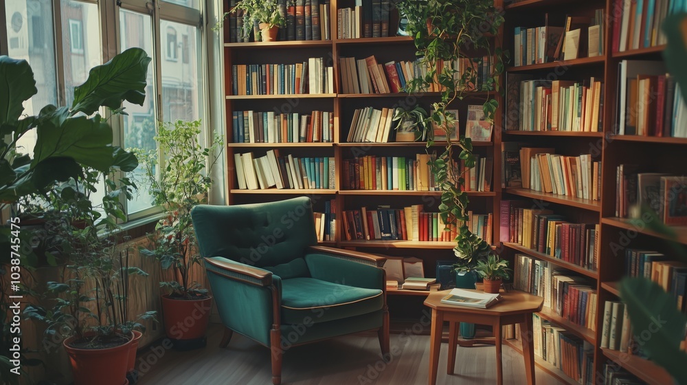 A cozy library blends classic and modern books, with plants and a comfy reading nook inviting quiet moments. A cozy library blends classic and modern books, with plants and a comfy reading nook inviting quiet moments.