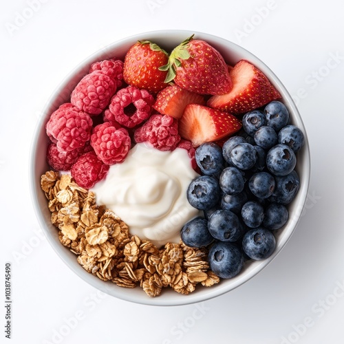 A colorful bowl of yogurt topped with granola, strawberries, raspberries, and blueberries.