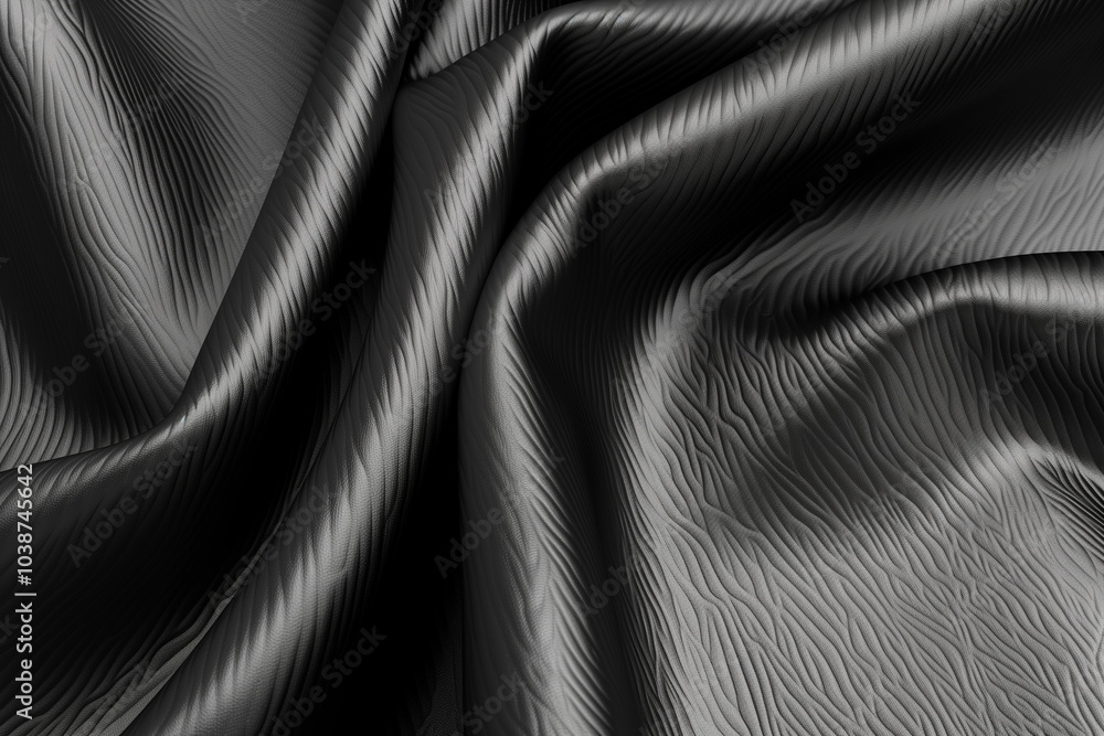 Fototapeta premium Elegant black leather fabric with smooth folds and glossy texture, luxury textile background for fashion and design themes
