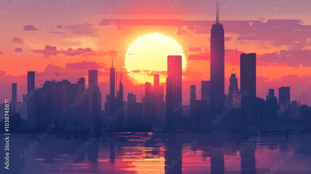 Fototapeta premium Vibrant Sunset Over City Skyline in Digital Art