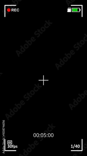 Camera recording screen vertical mobile overlay template, screen interface of video recorder digital display with timer. 4K quality in black background