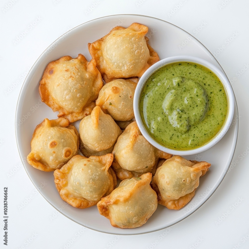 A plate of crispy dumplings served with green chutney. A plate of crispy dumplings served with green chutney.