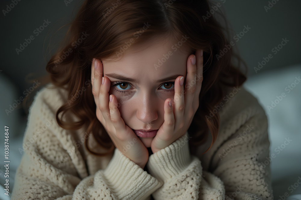 Woman in Bed Covering Face in Anxiety and Fear Woman in Bed Covering Face in Anxiety and Fear