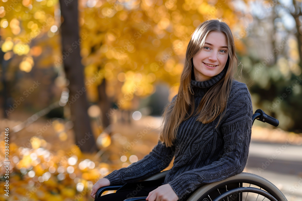 A young woman in a wheelchair smiles warmly while sitting outdoors in a park. The background features vibrant autumn foliage with orange and yellow leaves, creating a cheerful atmosphere. A young woman in a wheelchair smiles warmly while sitting outdoors in a park. The background features vibrant autumn foliage with orange and yellow leaves, creating a cheerful atmosphere.