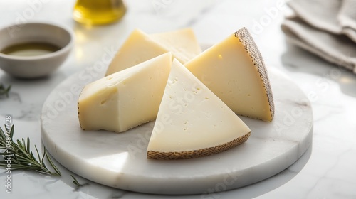 Aged Manchego cheese arranged on marble, accompanied by olive oil and rosemary, invites indulgence.