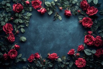 Bouquet of red roses forming a frame on a blue background