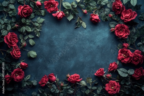 Fototapeta Naklejka Na Ścianę i Meble -  Bouquet of red roses forming a frame on a blue background