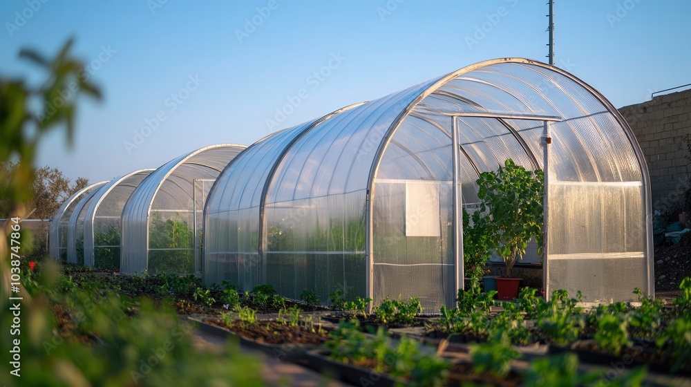 An expansive greenhouse tunnel with growing plants, highlighting modern agricultural technologies An expansive greenhouse tunnel with growing plants, highlighting modern agricultural technologies